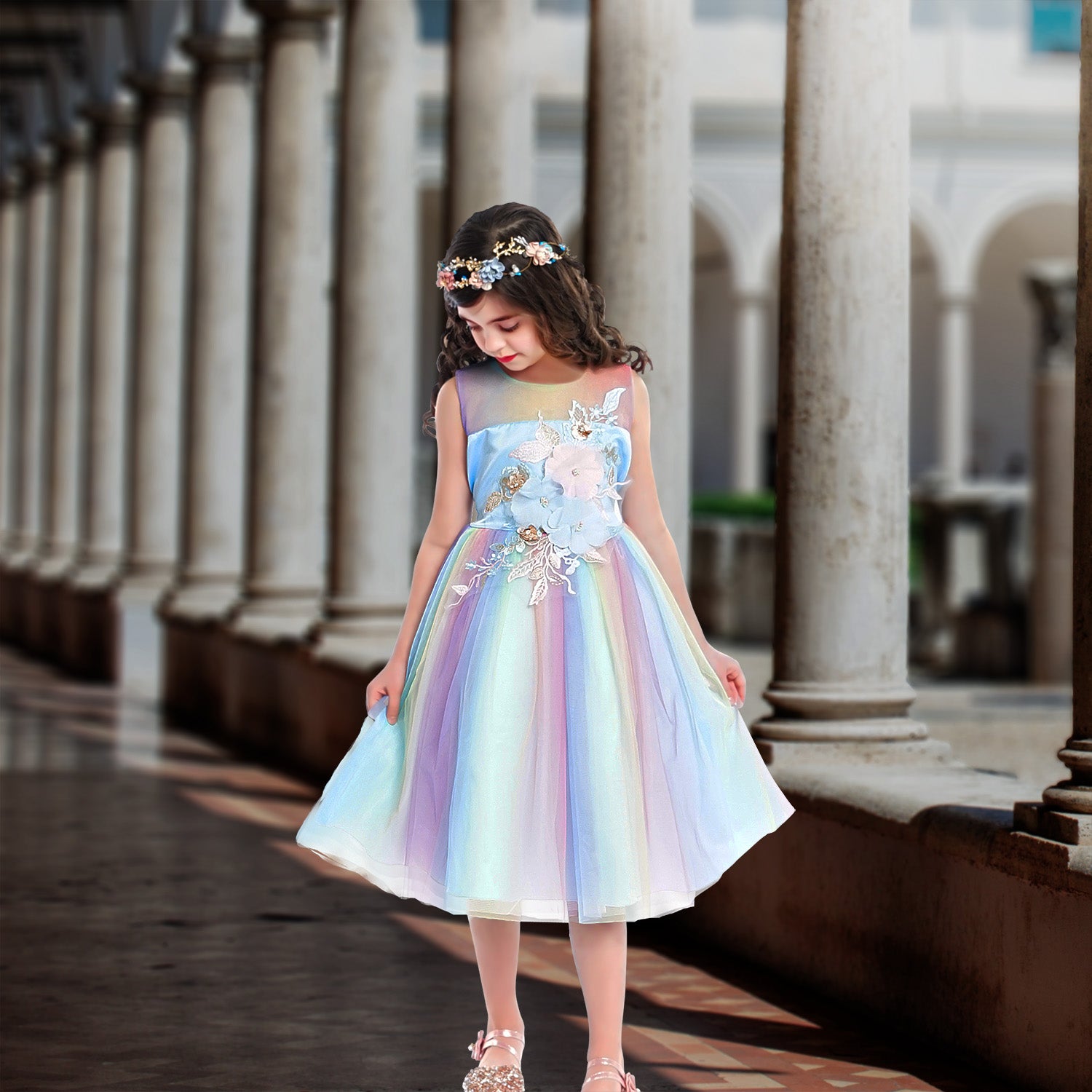 Girls Christmas Dress Mia Dress - Rainbow Blue Girls Christmas Dress Mia Dress - Rainbow Blue