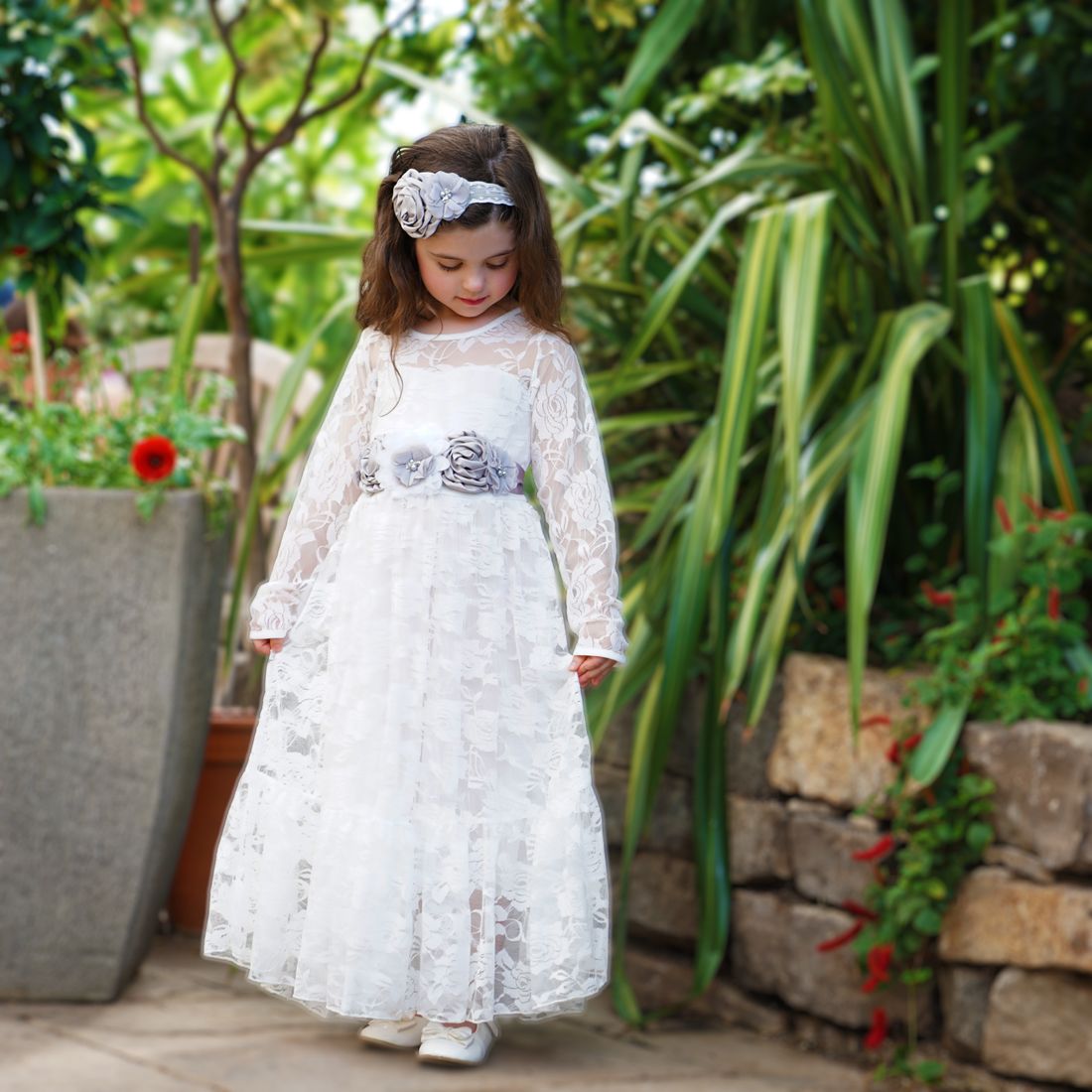 Floral Sash Belt & Headband - Grey