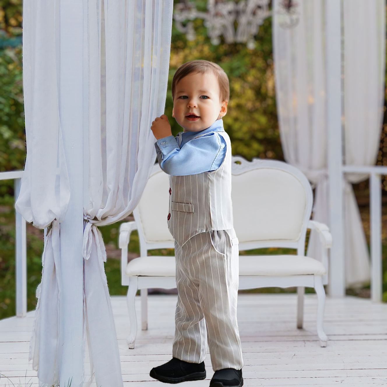 Stefan Boys Suit - Grey & White Bankers Stripe