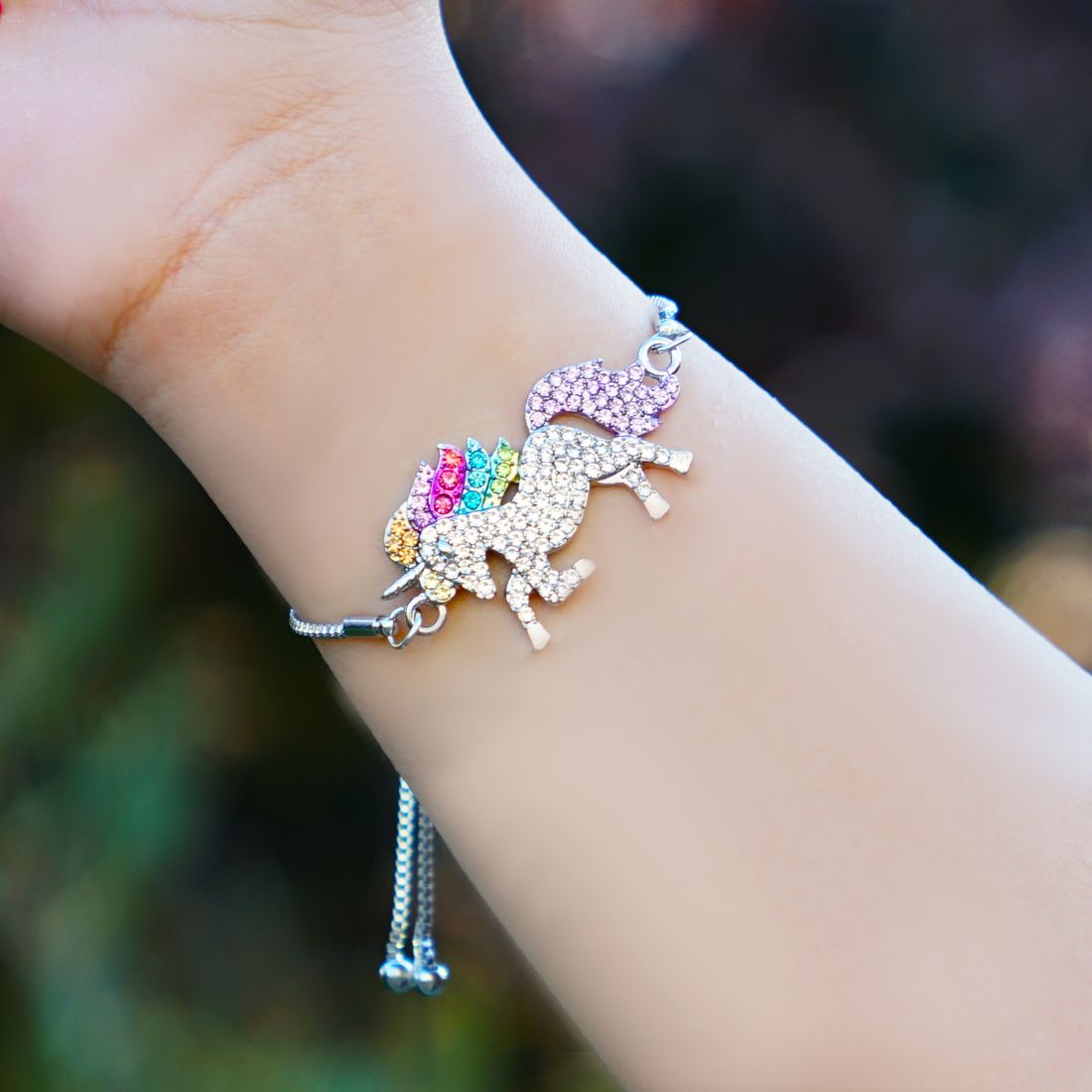 Colorful Crystal Unicorn Silver Bracelet