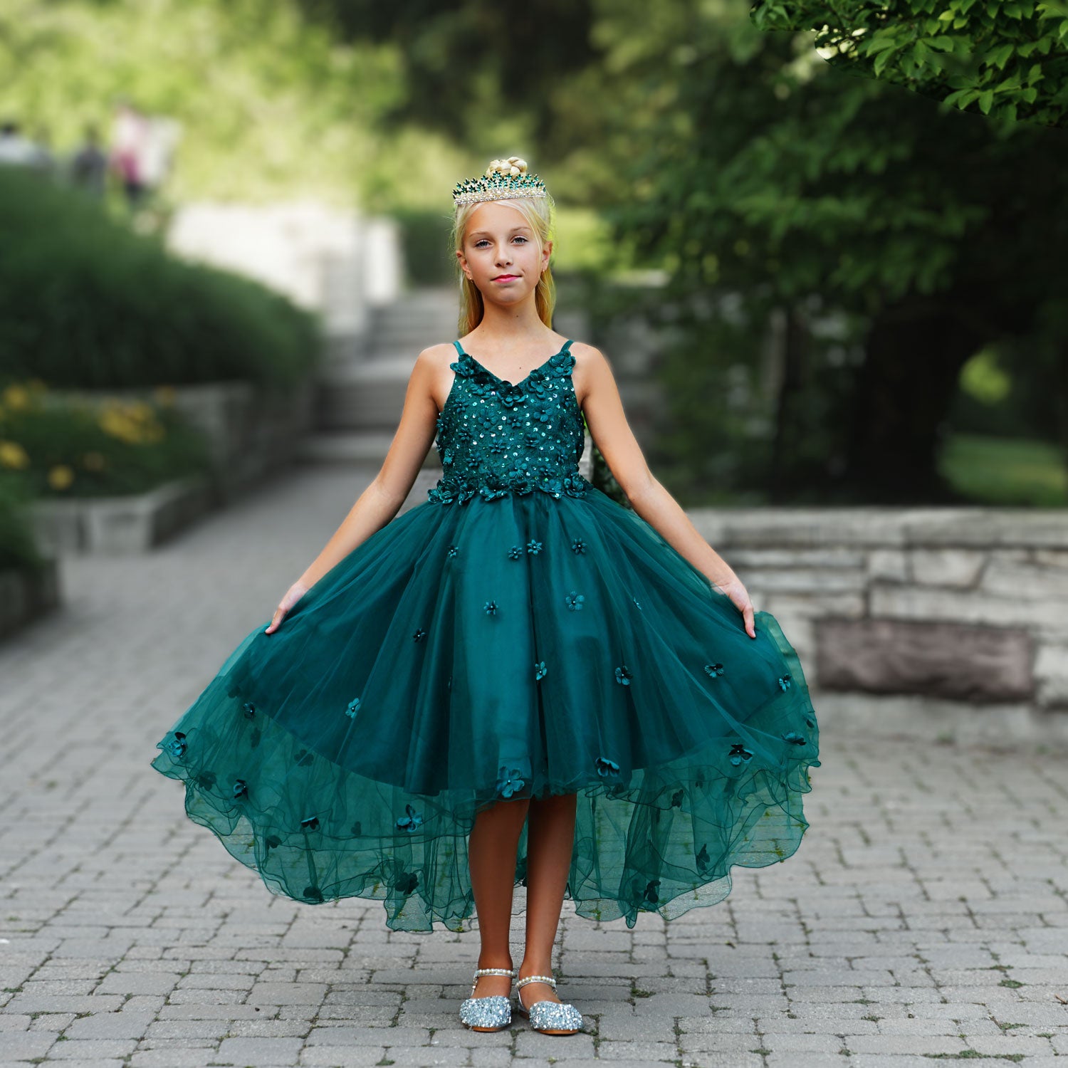 Girl's Emerald Green Beaded Dress, Flower Girl Dress