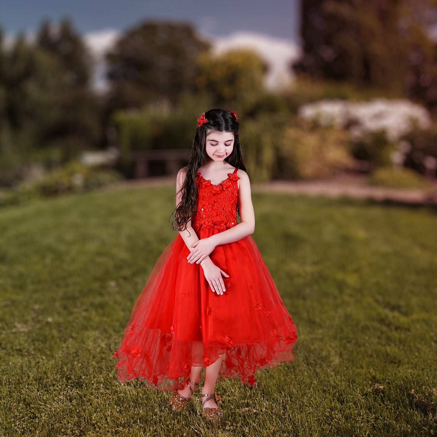 Fiona Luxury Girls Dress - Vermilion Red