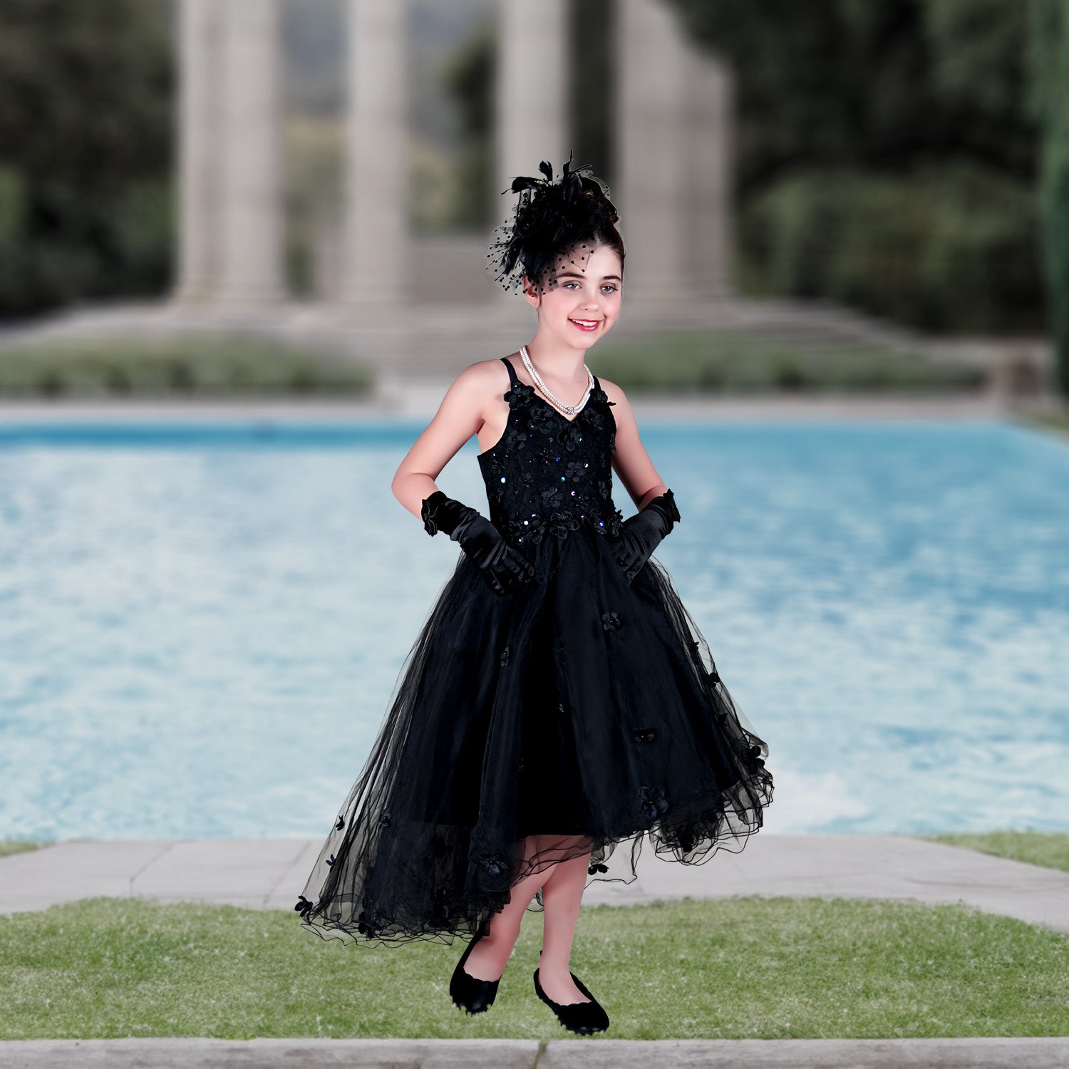 Fiona Flower Luxury Girls Dress - Noir Black
