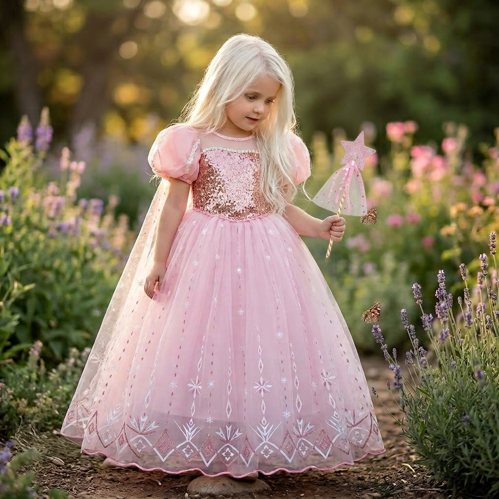 Princess Elsa Sequin Costume Luxury Girls Dress - Pink