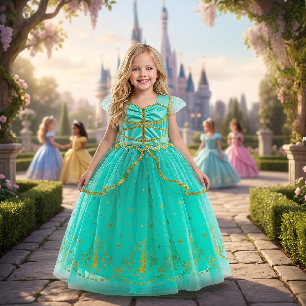 Princess Jasmine Costume Luxury Girls Dress - Teal | For Special Occasion Birthday Wedding Party Pageant Christmas Holiday Easter Princess Jasmine Costume Luxury Girls Dress - Teal | For Special Occasion Birthday Wedding Party Pageant Christmas Holiday Easter