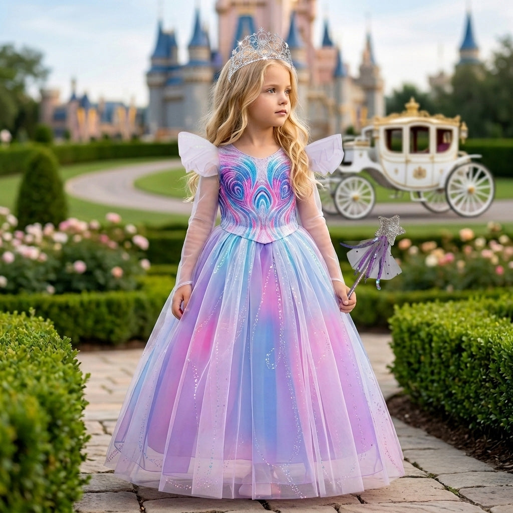 A young girl stands in a fantasy castle garden wearing a princess-style dress with a blue, purple, and pink iridescent gradient skirt, sheer sleeves, and a matching tiara, while holding a small wand.