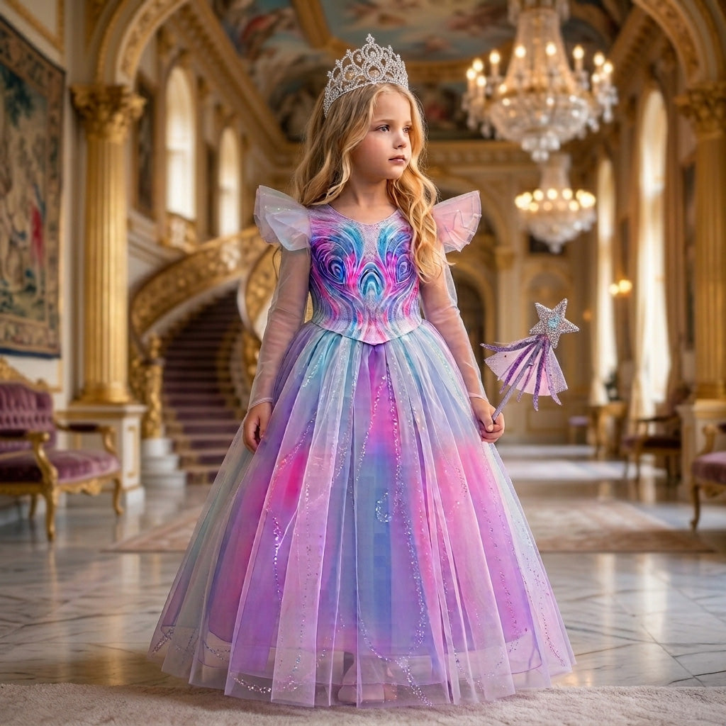 A young girl stands in a grand palace hall wearing a colorful princess dress with a purple, blue, and pink gradient, sheer sleeves, and a matching tiara, while holding a small wand.