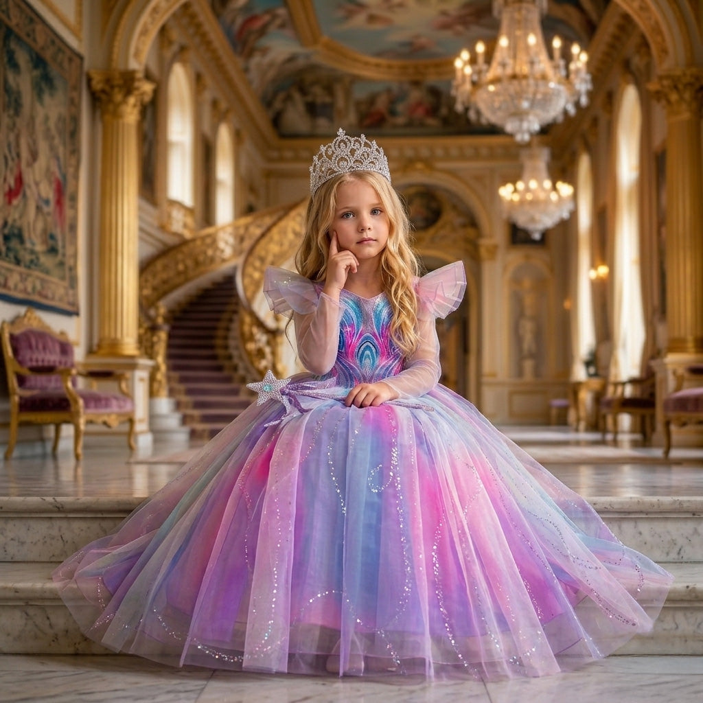 A young girl stands on a grand staircase in an ornate palace hall, wearing a voluminous princess dress with iridescent pink, purple, and blue layers, sheer sleeves, and a silver tiara.