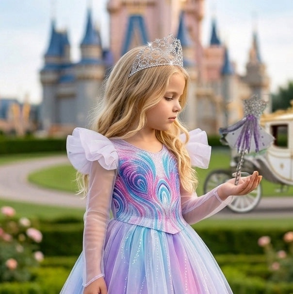 A young girl with long blonde hair wears a princess costume dress with blue, purple, and pink swirl patterns, a silver tiara, and holds a sparkly wand in front of a blurred castle background.