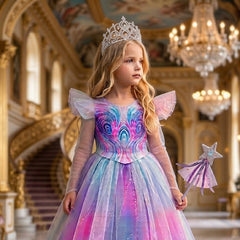 A young girl wearing a glittery fairy-tale princess dress with a silver tiara, standing in a grand, ornate palace hall with chandeliers and a staircase in the background. She holds a small purple star wand.
