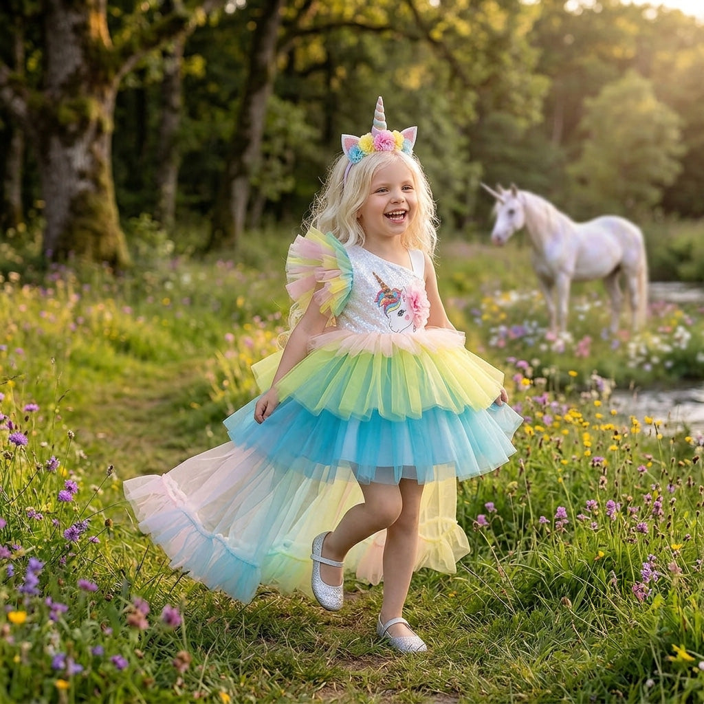Girls Rainbow Princess Unicorn Dress Costume