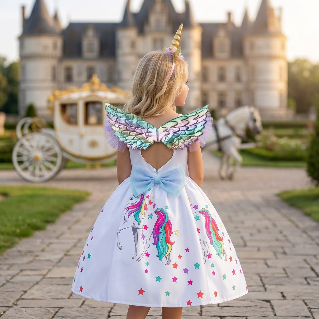 Girls Pink Unicorn Princess Dress Set with Wings & Headband