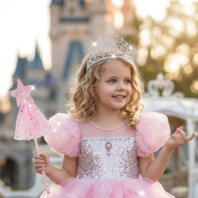 A young girl with curly blonde hair wearing a sparkly silver tiara and a pink sequined princess dress, holding a pink star wand, posed in front of a blurred castle background.