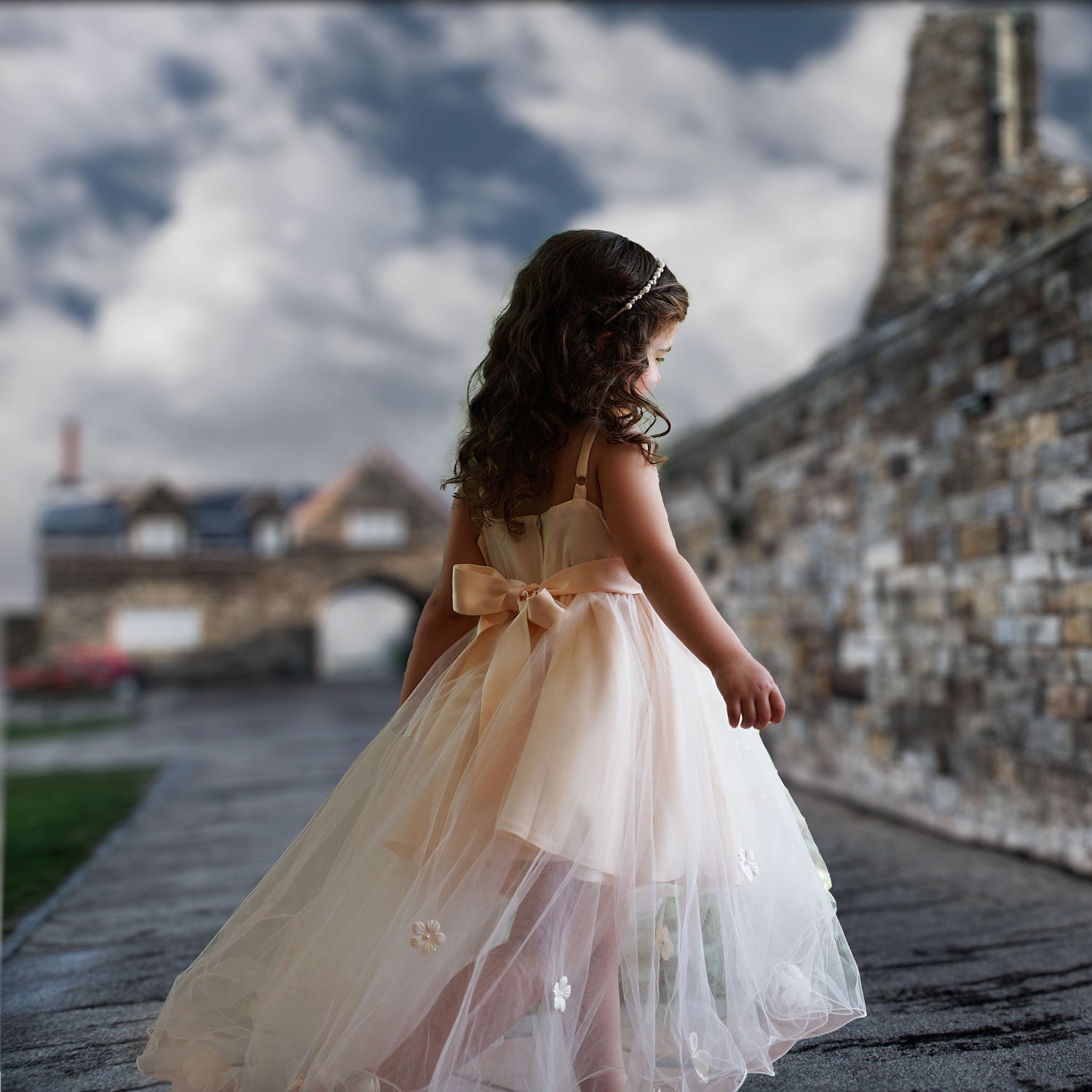 Champagne tulle clearance flower girl dress