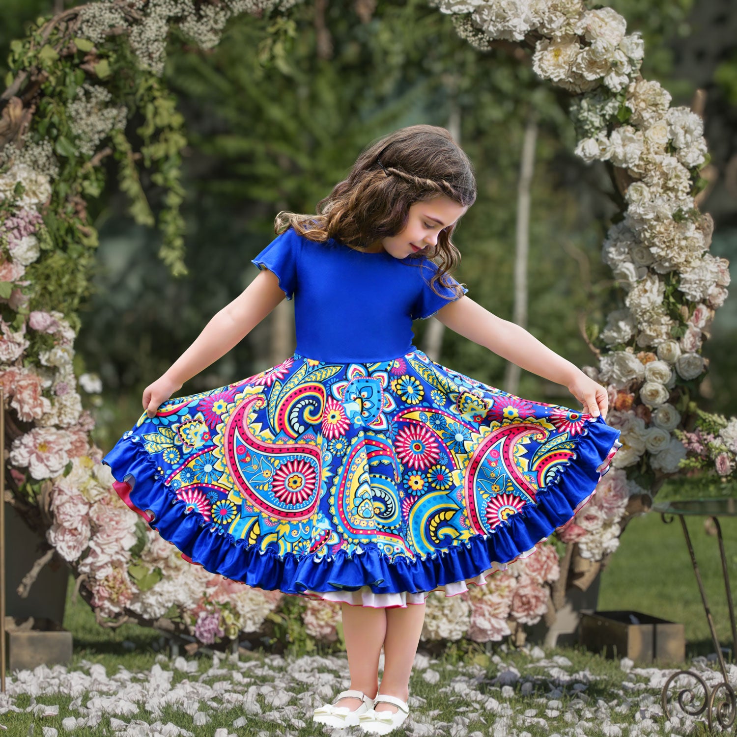 Lola Dress - Paisley Rainbow Twirling Reversible