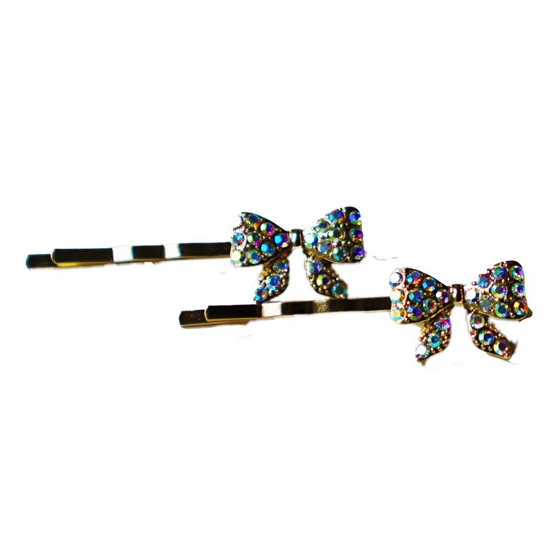 Gold Bow Multi Colored Crystals Hair Pin - Pair