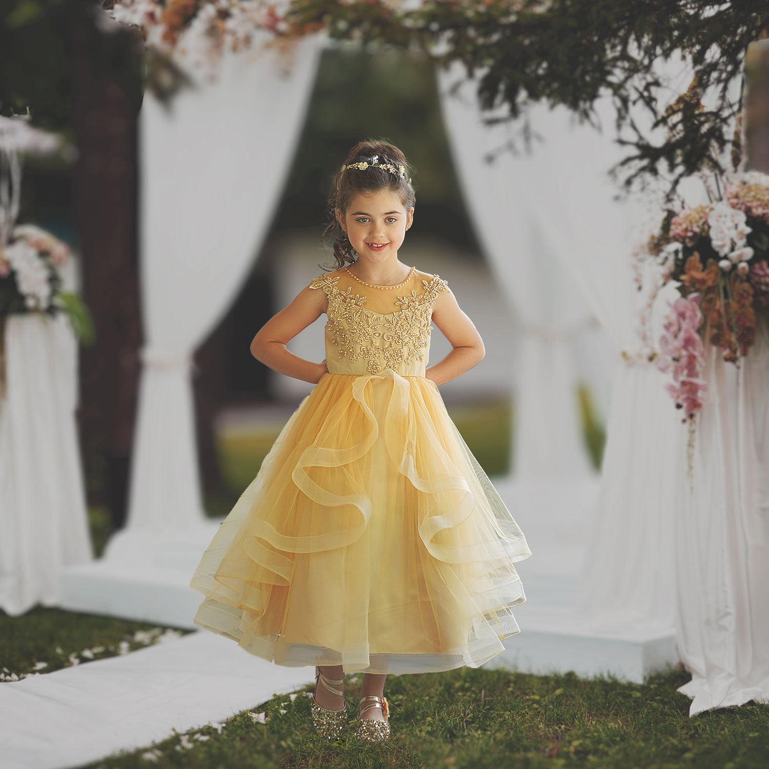 Lorraine Premium Girls Dress - Champagne