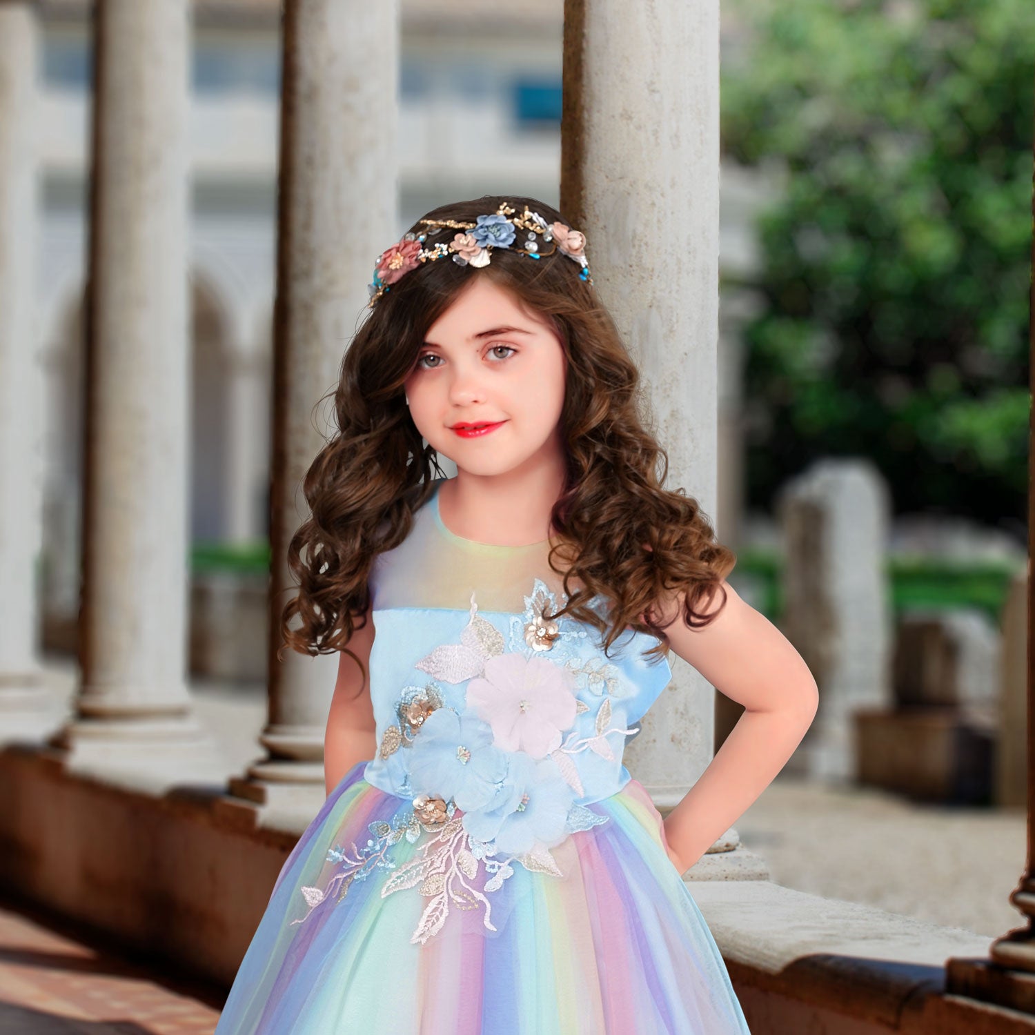 Girl in shop the rainbow dress